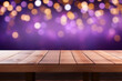 Empty wooden planks or tabletop in front of a blurred bokeh purple background and minimalist background a product display background or wallpaper concept with front-lighting 