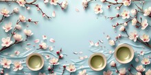 Three Cups Of Green Tea On A Background Of Sakura And A Light Blue Surface.
Concept: Spring Promotions In Cafes And Restaurants And Tea Drinking Traditions