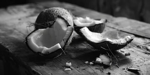 Sticker - A broken coconut placed on a wooden table, suitable for tropical themes