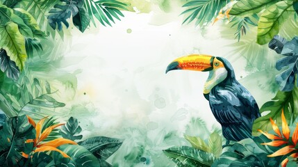 Sticker - Frame of tropical leaves and toucan. Place for text, advertising and menu.