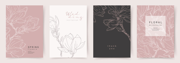 Poster - Floral botanical line art card templates. Luxury pattern with hand drawn magnolia flowers in contemporary style. Vector design for poster, wall decor, packaging, print, cover, banner, wed invitation