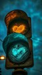 Illuminated heart shape on traffic light at night