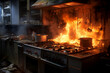 A casual home kitchen is on fire, a kitchen oven with many fire flames and smoke visible without people 