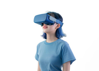 Side view photo of a young Asian woman wearing a VR device with blue hair and clothes, isolated white background