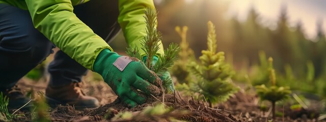 forest conifer plant growth forest ecosystem forestry industry management reforestation environmental rehabilitation concept nature regeneration, hands planting pine tree