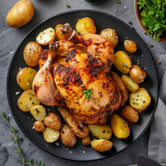 Wall Mural - Roasted chicken with potatoes on dark plate. Grey background. Close up. Top view.