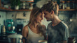Young Couple Sharing a Tender Moment in a Cozy Kitchen Setting