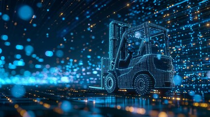 digital blue forklift truck with glowing data streams symbolizes the optimization of artificial intelligence in warehouse management and inventory control. 
