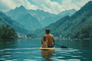 Family sea sup. Young happy father with his daughter Floating on a SUP board at mountain backdrop, paddling in blue sea water. Summer vacation and Dad and Daughter concept.