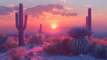 Wall Mural - Cacti standing tall against the backdrop of a setting sun