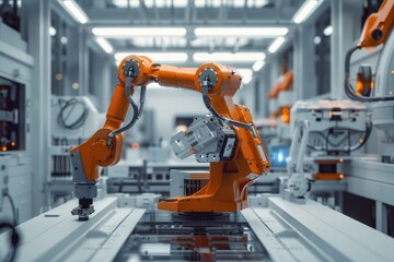 Fototapete - Robotic arm for electronic assembly line. Smart modern factory automation using advanced machines.