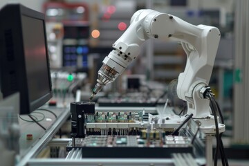 Fototapete - Robotic arm for electronic assembly line. Smart modern factory automation using advanced machines.