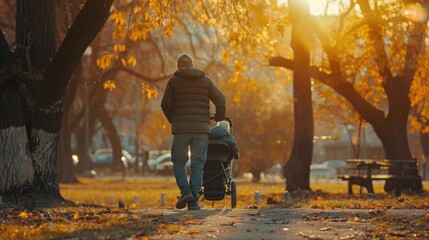 Wall Mural - A man and a child walking down a path in a park. Suitable for family and outdoor lifestyle themes