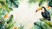 Frame Of Tropical Leaves And Toucan. Place For Text, Advertising And Menu.