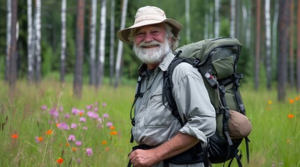 Sticker - A man with a backpack and hat standing in the woods, AI