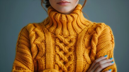 Poster - A woman in a yellow sweater with her arms crossed, AI