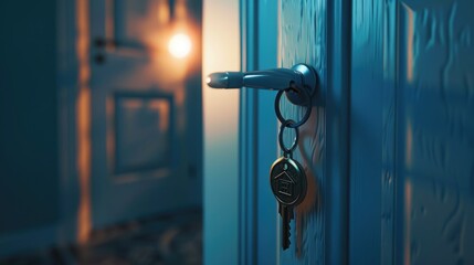 Wall Mural - A key hanging from a door handle. Suitable for security concepts