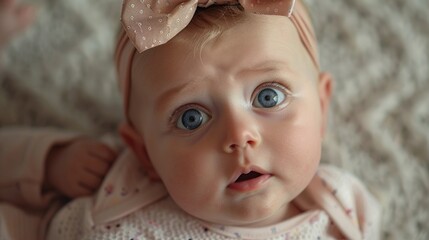 Wall Mural - Close up of a baby with a bow on her head, perfect for baby shower invitations