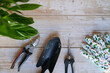 Gardening tools on wood with space to write