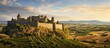 Majestic castle towering atop a hill overlooking a beautiful vineyard in the foreground