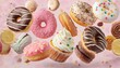 Confectionery and sweets collage. Donuts, cupcakes, cookies, macaroons flying over pastel pink background