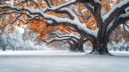 Canvas Print -   A giant orange-leafed tree stands in a snowy park