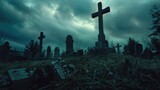 Fototapeta  - A cross standing in the center of a cemetery. Suitable for religious or spooky themes