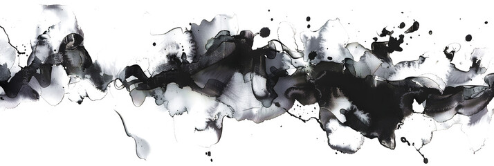 Wall Mural - Black and white marble effect watercolor stains on transparent background.