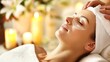 Facial Skincare Spa Female Woman eyes closed on massage bed health beauty relaxation personal care treatments