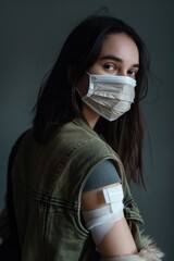 Sticker - A woman wearing a face mask and bandages, suitable for medical and healthcare concepts