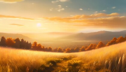 Wall Mural - autumn landscape with grassland orange view of sunset concept art scenery book illustration video game scene serious digital painting cg artwork background generative ai