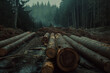 Moody and overcast scenery showing felled tree logs on a muddy ground in a midst of a deforestation area