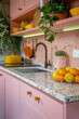 Kitchen interior Design (Small Tiny Space) in Pink Color with Terrazzo Tile