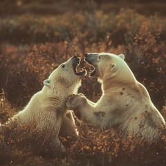 Wall Mural - Two polar bears playfully interacting in a grassy field. Suitable for wildlife and nature concepts