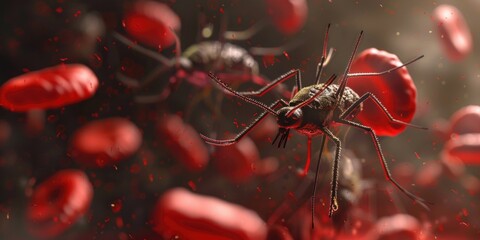 Poster - Detailed image of a mosquito on a blood drop, perfect for illustrating blood-sucking insects