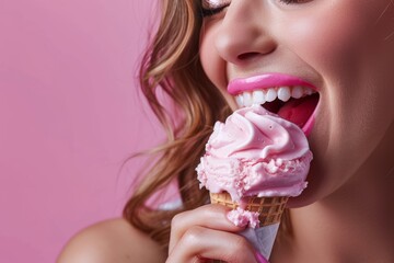 A woman taking a bite of a strawberry ice cream in pink background