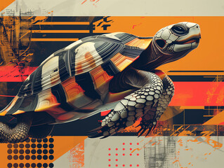 Wall Mural - A turtle is shown in a colorful, abstract background. The turtle is the main focus of the image, and its bright colors and unique pattern make it stand out. The background is a mix of different shapes