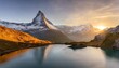 island landscapes sunrise view on bernese range above bachalpsee lake peaks eiger jungfrau faulhorn in famous location in switzerland alps grindelwald valley