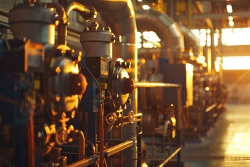 Canvas Print - A row of pipes and valves in an industrial building. Suitable for construction and engineering projects