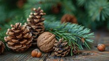Assorted Nuts And Pine Cones On A Wooden Table, Ideal For Autumn And Holiday Themes