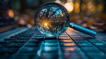 Magnifying lens positioned on a laptop keyboard in blue light ambiance.