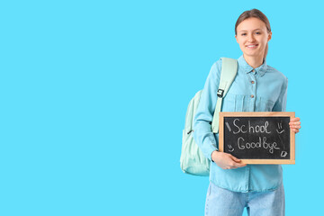 Sticker - Female student holding chalkboard with text SCHOOL GOODBYE on blue background. End of school concept