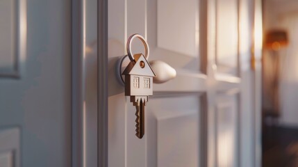Wall Mural - A house key hanging on a door handle, suitable for real estate or home security concepts