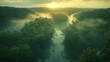  River in forest surrounded by trees, sun shining through distant clouds