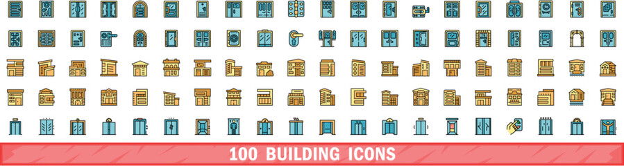 Poster - 100 building icons set. Color line set of building vector icons thin line color flat on white