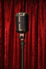 Sticker - A microphone set up on a stand in front of a vibrant red curtain. Ideal for music performances or public speaking events