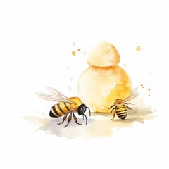 Wall Mural - Watercolour Animal Clipart Cute Baby bee is flying over the honey on white background