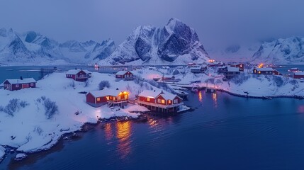 Sticker -   A quaint village surrounded by a body of water, blanketed by snow, and framed by majestic mountains