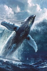 Sticker - A majestic humpback whale leaping out of the water. Perfect for nature and wildlife concepts