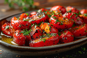 Sticker - A platter of roasted red peppers is drizzled with olive oil and sprinkled with fragrant herbs, creating a mouthwatering appetizer. Concept of Mediterranean cuisine and culinary. Generative Ai.